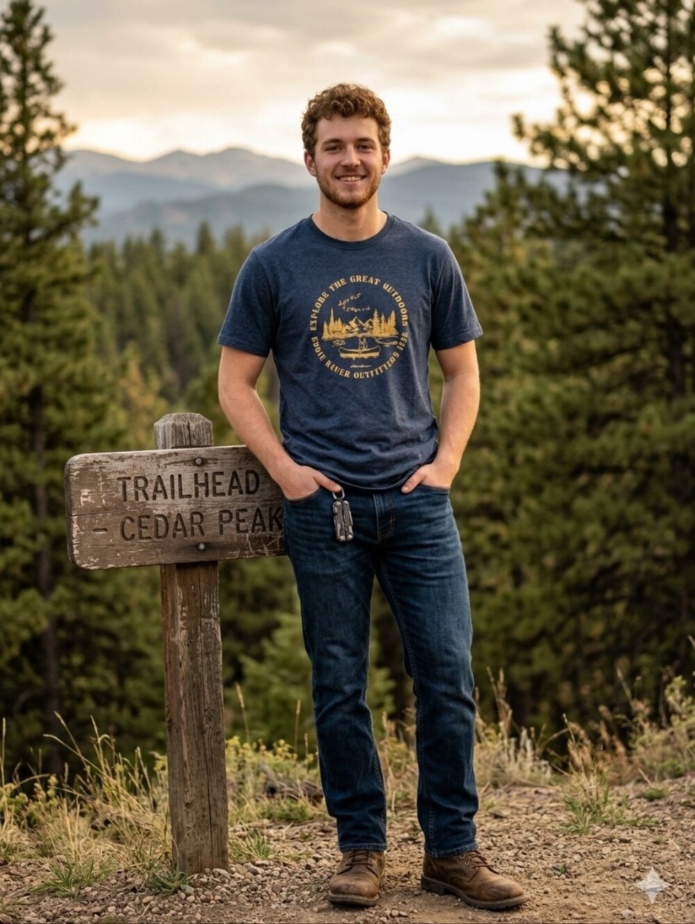 Eddie Bauer Navy Blue Tee with Yellow Outdoor Graphic